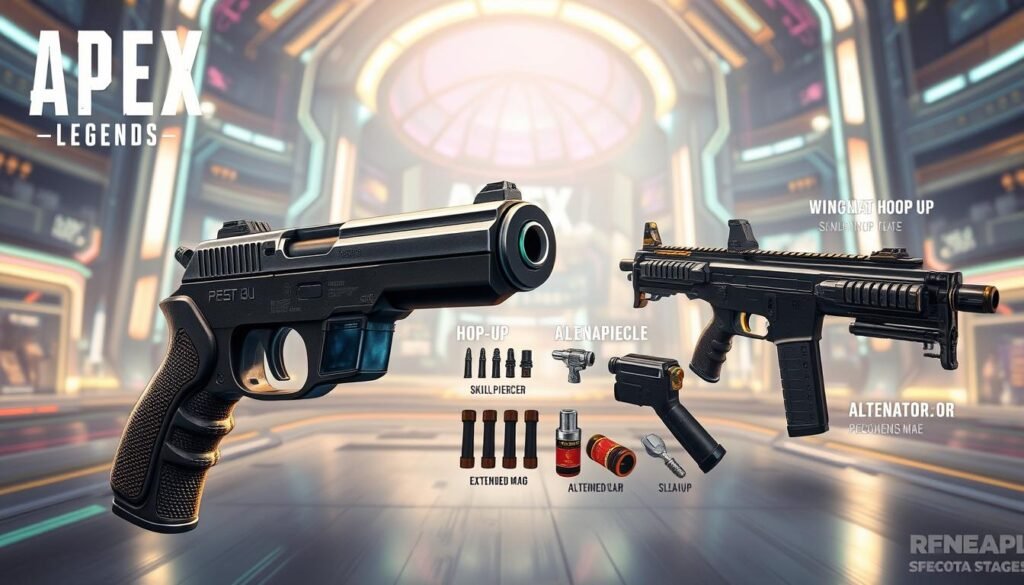 A detailed and dynamic illustration showcasing various hop-ups and attachments from Apex Legends, specifically highlighting the Wingman and Alternator weapons. In the foreground, a sleek Wingman pistol with an upgraded hop-up attachment gleams, with intricate details like its texture and metallic finish. Beside it, an Alternator SMG displays a new visual enhancement, exuding a powerful yet refined aura. The middle ground features an array of different hop-ups, such as the Skullpiercer and the Extended Mag, surrounded by subtle visual effects suggesting their upgrades. In the background, a digital-themed environment resembling an Apex Legends arena, with futuristic architecture and soft neon lighting, adds depth. The mood is intense and competitive, capturing the essence of strategic gameplay in a vivid and engaging way.