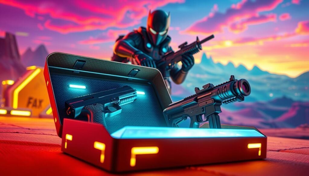 A dynamic scene showcasing a care package in a vibrant, futuristic setting inspired by Apex Legends. In the foreground, the open care package gleams with neon accents, revealing a Wingman pistol and an Alternator SMG, illuminated by soft, ambient lighting. In the middle ground, a character clad in sleek, tactical battle gear reaches for the weapons, emphasizing their importance in the game's meta. The background features a colorful, sci-fi landscape with distant mountains and a vibrant sky, hinting at a lively battle arena. The mood is intense and exhilarating, capturing the essence of strategic gameplay and the excitement of weapon selection in Apex Legends. The angle should be slightly low, adding depth and a dramatic perspective to the scene.