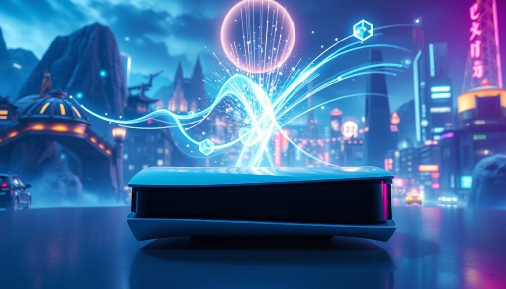 A highly detailed scene featuring a PS5 console prominently in the foreground, showcasing its sleek design and innovative SSD technology. Surrounding the console are vibrant visuals of the game "Ghost of Yōtei," demonstrating breathtaking landscapes and fast-paced gameplay without loading screens. In the middle ground, a glowing abstract representation of data transfer and speed symbolizes the revolutionary SSD optimization, with streaming lines of light indicating instantaneous loading. The background features a digital cityscape infused with elements from the game, creating a sense of immersion and technological advancement. The lighting is dynamic, with a cool blue and purple palette, creating a futuristic ambiance. The angle is slightly low to highlight the console's features, enhancing the sense of power and innovation in gaming. The atmosphere conveys excitement and the future of gaming technology without any human presence.