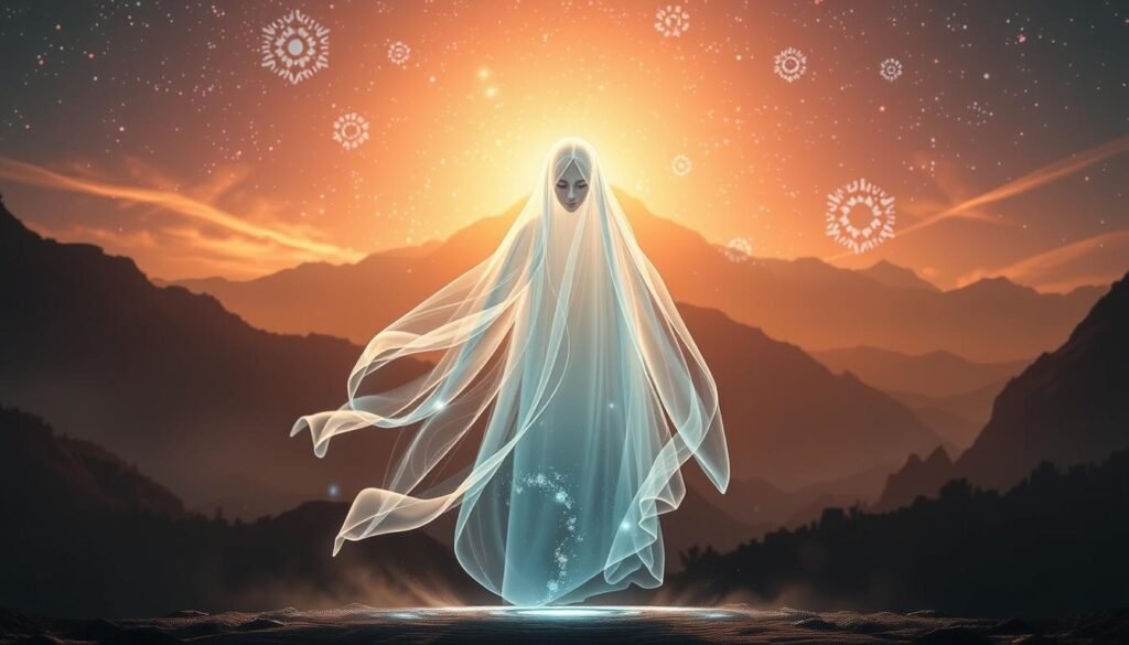 A mesmerizing visual representation of a ghostly figure inspired by Yōtei, embodying the spirit of a video game loading screen. In the foreground, a translucent, ethereal apparition of Yōtei, featuring swirling mist and sparks of digital light, emerges with a serene expression, hinting at the seamlessness of modern gaming experiences. The middle layer showcases an immersive gaming environment, with pixelated landscapes and holographic elements that suggest rapid loading times. In the background, the majestic silhouette of a mountain range with vivid, luminous skies filled with stars and technological motifs, symbolizing the advancements in SSD optimization. The lighting is dynamic, casting a soft glow on the ghostly figure while creating an energetic atmosphere. Capture this scene from a low angle to emphasize its grandeur, evoking a sense of wonder and excitement about enhanced gaming features.