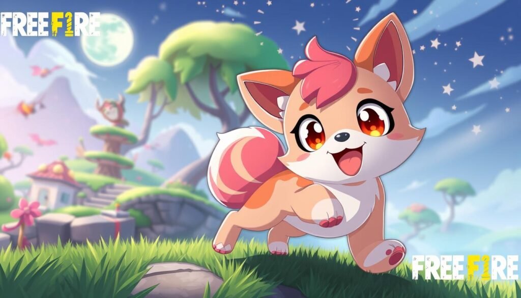 A vibrant illustration featuring a new pet and emote from Free Fire. In the foreground, showcase a cute, colorful pet character inspired by anime aesthetics, with big expressive eyes and playful features, energetically interacting with a playful emote. The middle ground should depict a stylized, whimsical gaming environment, reflecting a fantasy realm with lush greenery and dynamic elements. In the background, incorporate a soft, dreamy landscape with twinkling stars and a glowing moon, creating a magical atmosphere. The lighting should be bright and cheerful, emphasizing the fun and engaging nature of the scene. Use a wide-angle perspective to enhance the playfulness of the composition, ensuring all elements blend harmoniously without text or overlays.