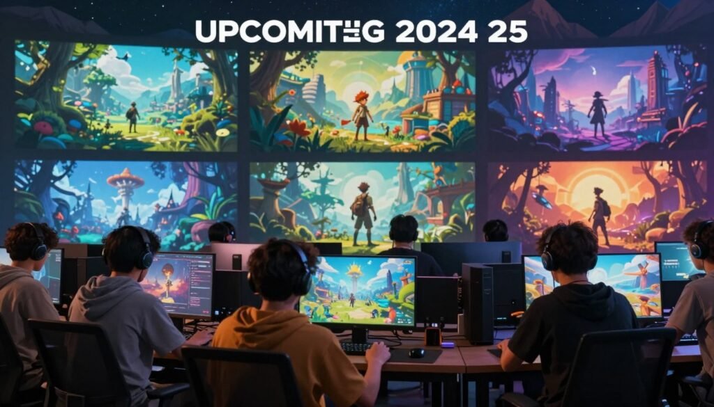 A captivating scene showcasing a vibrant montage of upcoming narrative games for 2024/2025. In the foreground, a diverse group of gamers, dressed in casual attire, are intensely focused on various gaming screens displaying stunning visuals of fantastical worlds and characters. The middle layer features dynamic illustrations of game environments, including lush forests, futuristic cities, and dystopian landscapes, subtly blending together. In the background, hints of mountains and a starry sky create an epic backdrop, illuminated by soft, ambient lighting that conveys a sense of anticipation and excitement. The atmosphere is filled with an air of adventure and creativity, emphasizing the richness of narrative-driven gaming experiences on the horizon.