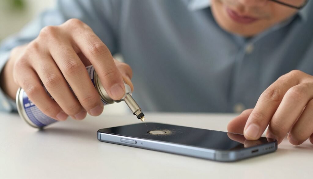 A close-up of a person in professional casual clothing using compressed air to clean a charging port on a smartphone. The foreground features the person holding a small can of compressed air, with a focused expression as they aim the nozzle towards the port. In the middle, the smartphone is positioned on a clean, light-colored surface, showcasing the dirty port with visible dust and debris. The background is softly blurred to emphasize the action, with warm, natural lighting that highlights the details of the smartphone and the person's hands. The overall atmosphere conveys a sense of care and precision in maintaining device hygiene.