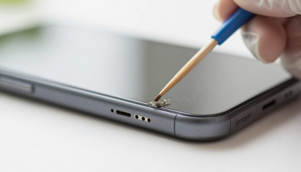 A close-up view of a smartphone charging port, displaying signs of dirt and debris accumulation, indicative of a "longgar" or loose charger connection. The foreground features the smartphone partially in focus, emphasizing the port's interior with a subtle glow from an external light source highlighting the grime. In the middle ground, a hand wearing a latex glove gently holds a cleaning tool, such as a soft brush or toothpick, poised to clean the port. The background is softly blurred, hinting at a clean, well-lit workspace with minimal clutter, enhancing the focus on the charging port. The mood conveys urgency and care, suggesting the need for maintenance, with soft, natural lighting for a professional and informative atmosphere.