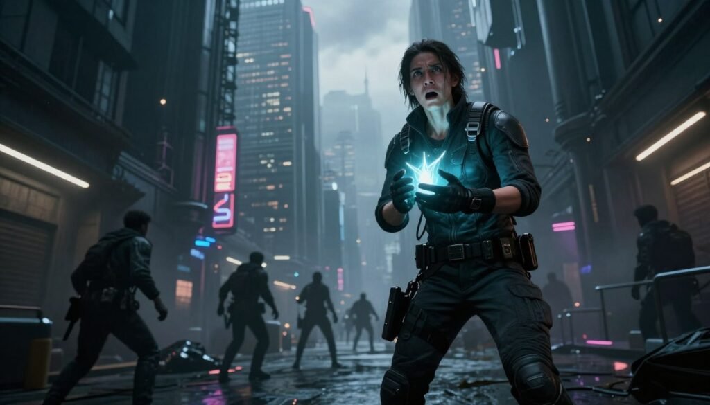 A dramatic and unexpected game ending scene set in a futuristic, dystopian cityscape. In the foreground, a hero character in sleek, tactical attire stands with a look of shock and disbelief on their face, clutching a glowing artifact that symbolizes their ultimate choice. In the middle ground, a chaotic scene unfolds with silhouettes of fallen adversaries and flickering neon lights illuminating the alley, suggesting the aftermath of a crucial battle. The background features towering skyscrapers that stretch into a moody, overcast sky, hinting at the weight of the game’s narrative. The lighting is dramatic, with sharp contrasts casting deep shadows, lending a tense atmosphere that echoes the unexpected twists of the storyline. The composition is slightly tilted to convey the instability of the situation, enhancing the viewer's sense of intrigue and suspense.