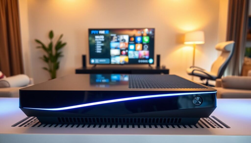 A modern gaming console placed on a sleek, ventilated shelf in a well-lit living room. The foreground showcases the console with its glossy surface reflecting soft LED lighting. In the middle, a gently blowing fan positioned nearby maintains airflow, preventing overheating, while light subtly highlights the cooling vents of the console. The background features a stylish gaming setup, complete with an ergonomic chair and a large, vibrant screen displaying a gaming menu. The atmosphere is inviting and focused, emphasizing the importance of maintaining optimal temperature for gaming devices. Use warm, ambient lighting to create a cozy yet professional environment, ensuring a clear perspective with a slight low-angle view that accentuates the console's design.